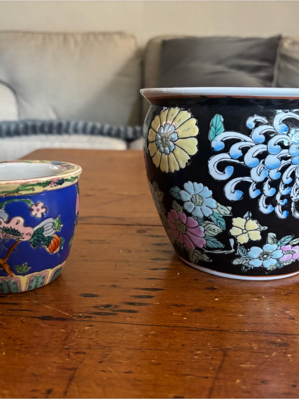 Hand-Painted Floral Porcelain Planter - Black with Pastel Flowers